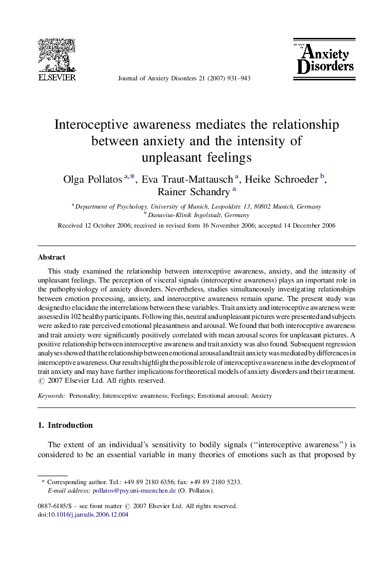 Interoceptive awareness mediates the relationship between anxiety and the intensity of unpleasant feelings