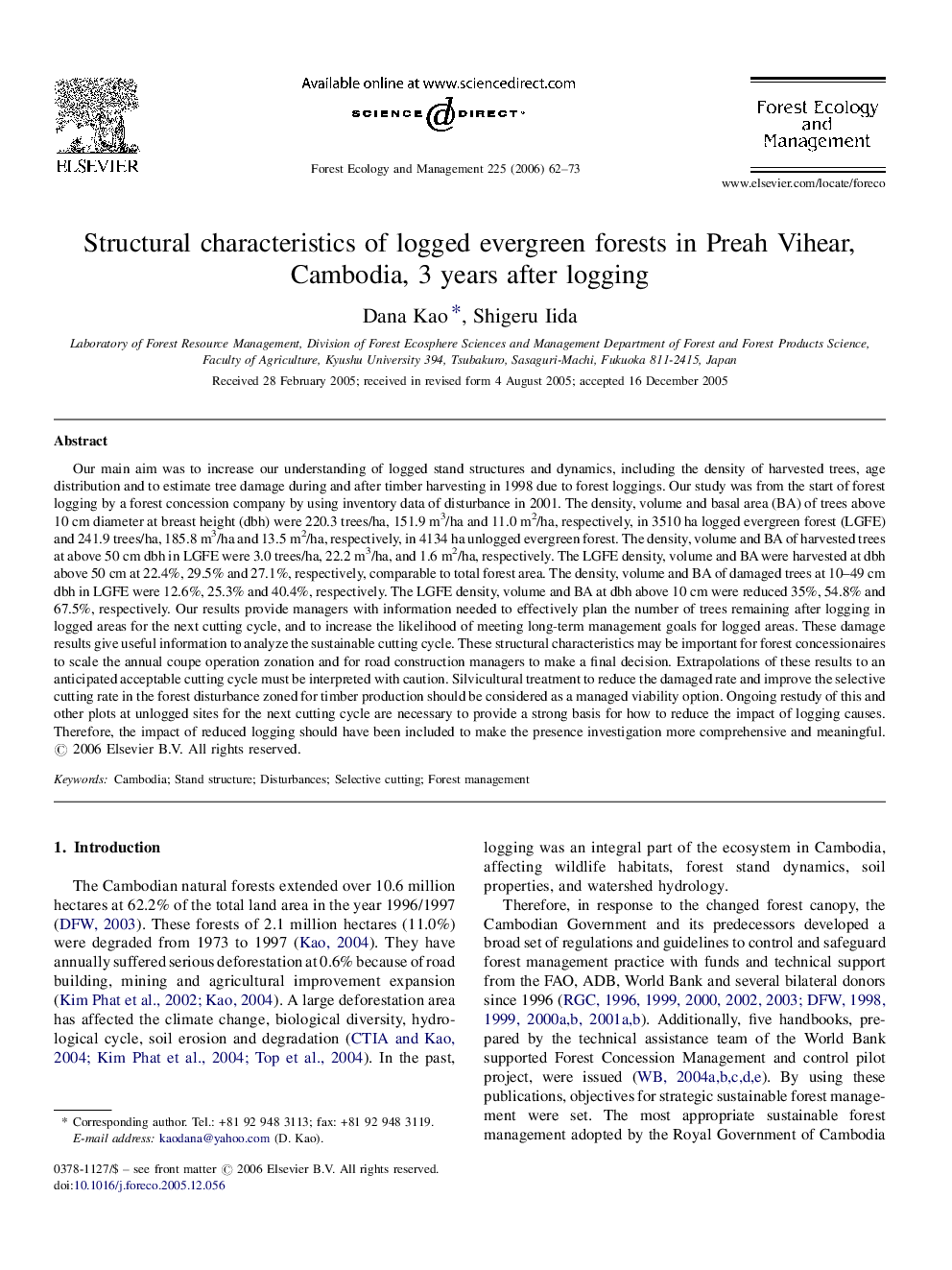 Structural characteristics of logged evergreen forests in Preah Vihear, Cambodia, 3 years after logging