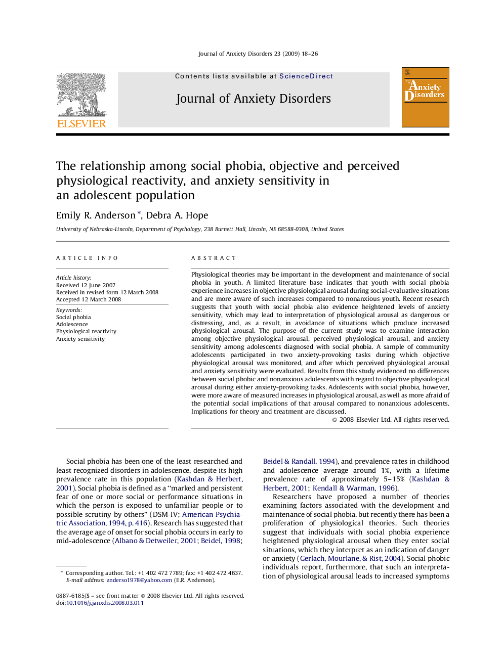 The relationship among social phobia, objective and perceived physiological reactivity, and anxiety sensitivity in an adolescent population