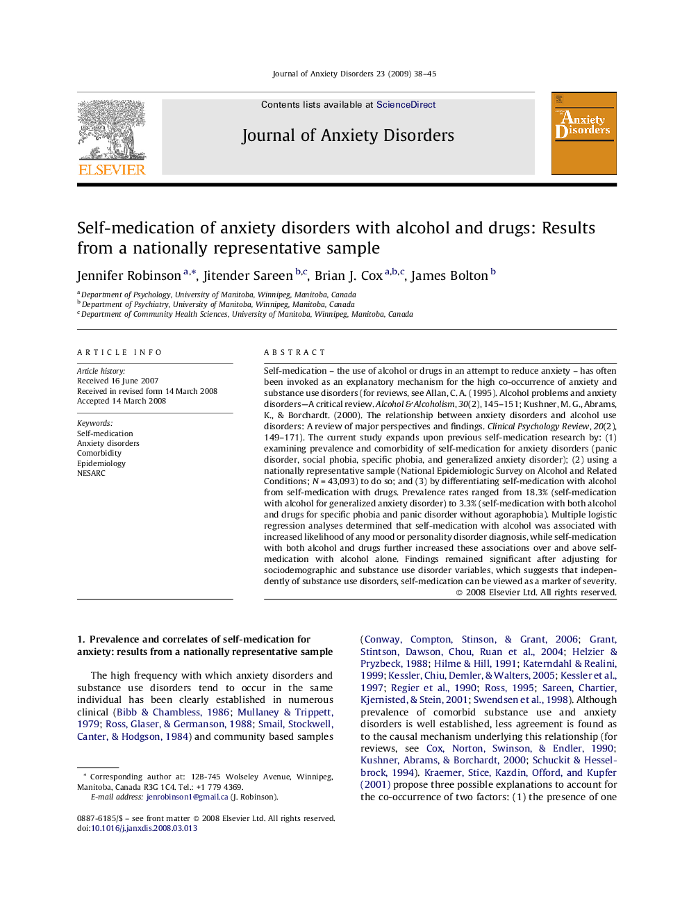 Self-medication of anxiety disorders with alcohol and drugs: Results from a nationally representative sample