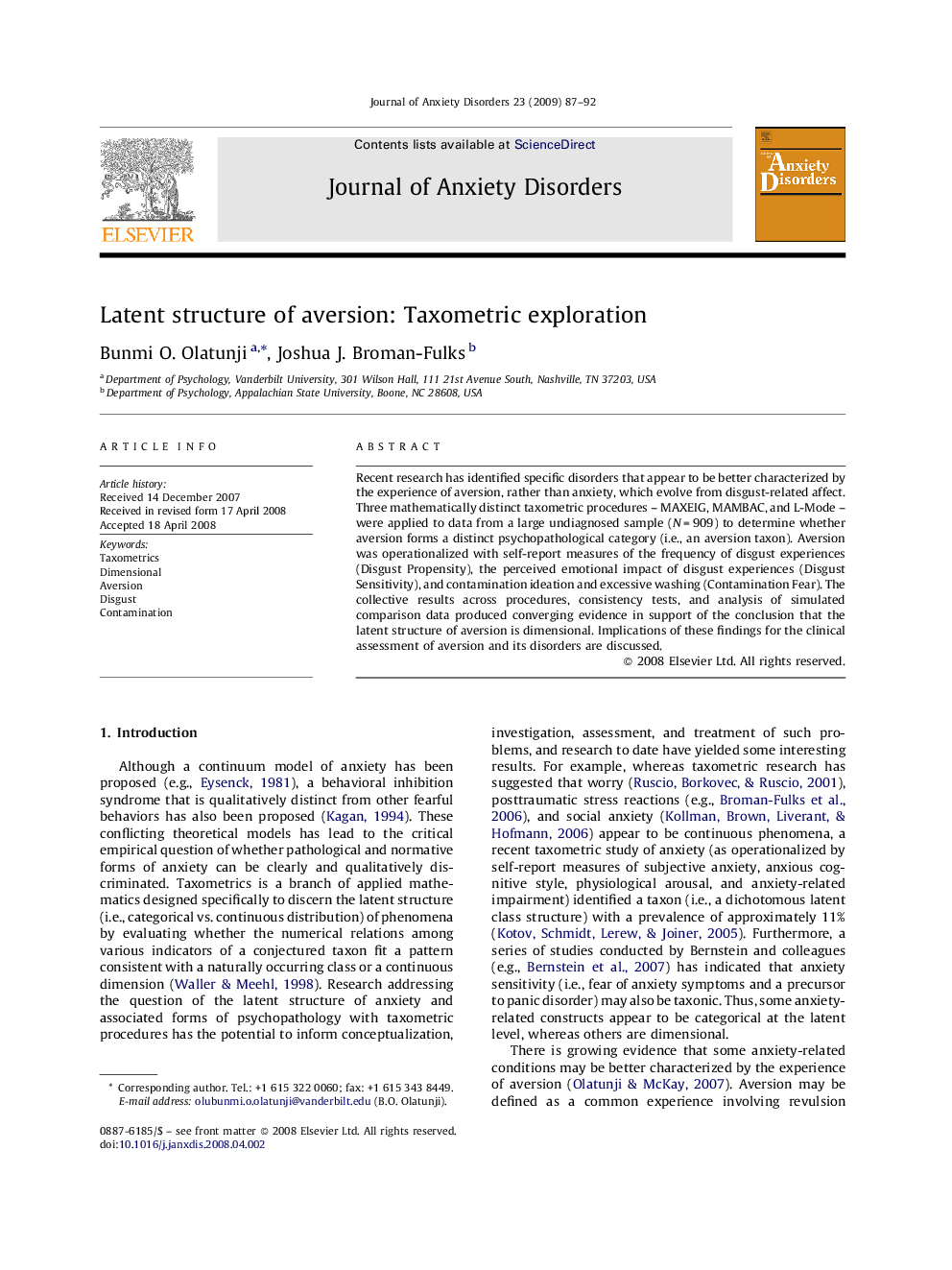 Latent structure of aversion: Taxometric exploration