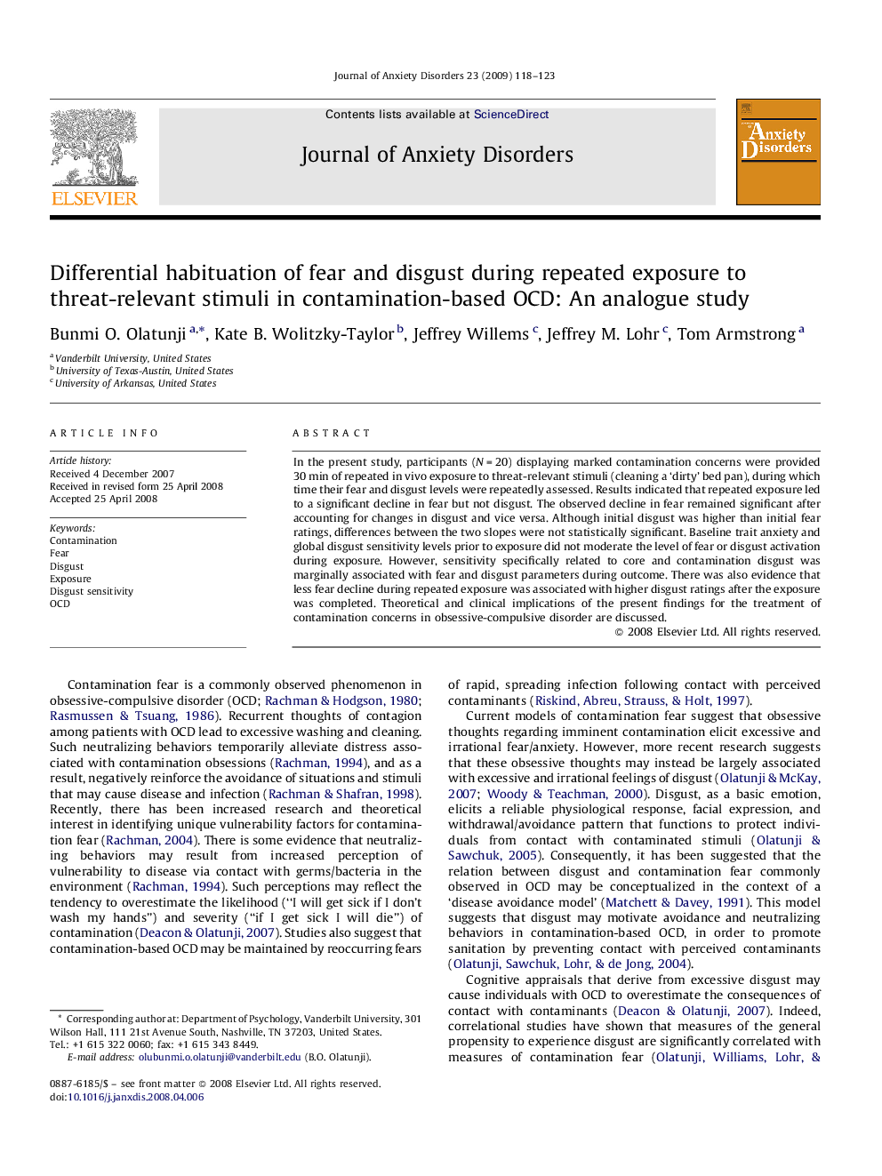 Differential habituation of fear and disgust during repeated exposure to threat-relevant stimuli in contamination-based OCD: An analogue study