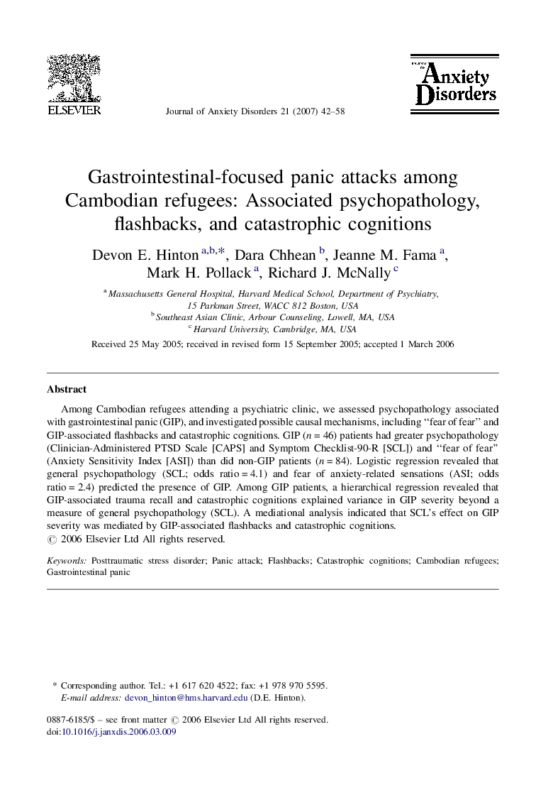 Gastrointestinal-focused panic attacks among Cambodian refugees: Associated psychopathology, flashbacks, and catastrophic cognitions