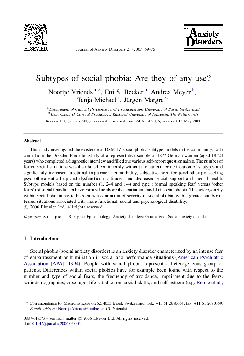 Subtypes of social phobia: Are they of any use?