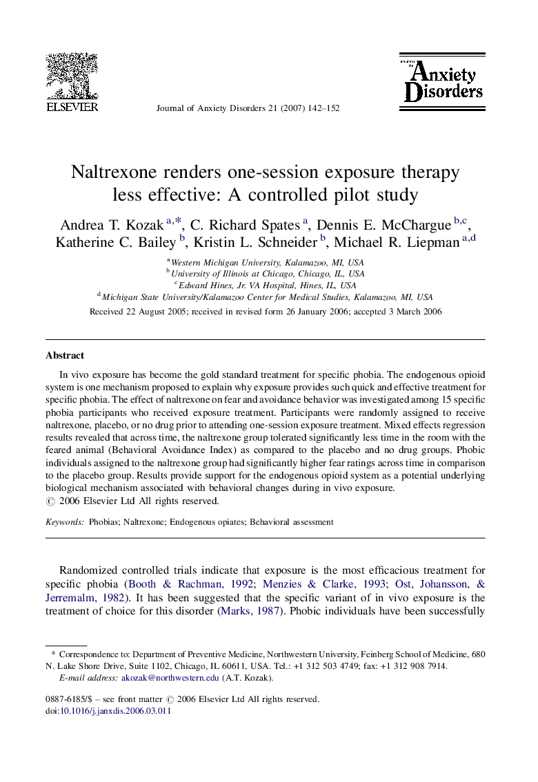 Naltrexone renders one-session exposure therapy less effective: A controlled pilot study