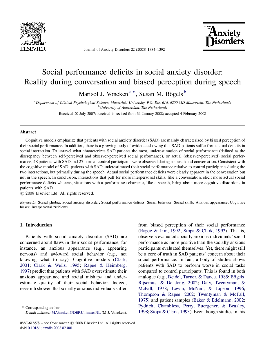 Social performance deficits in social anxiety disorder: Reality during conversation and biased perception during speech