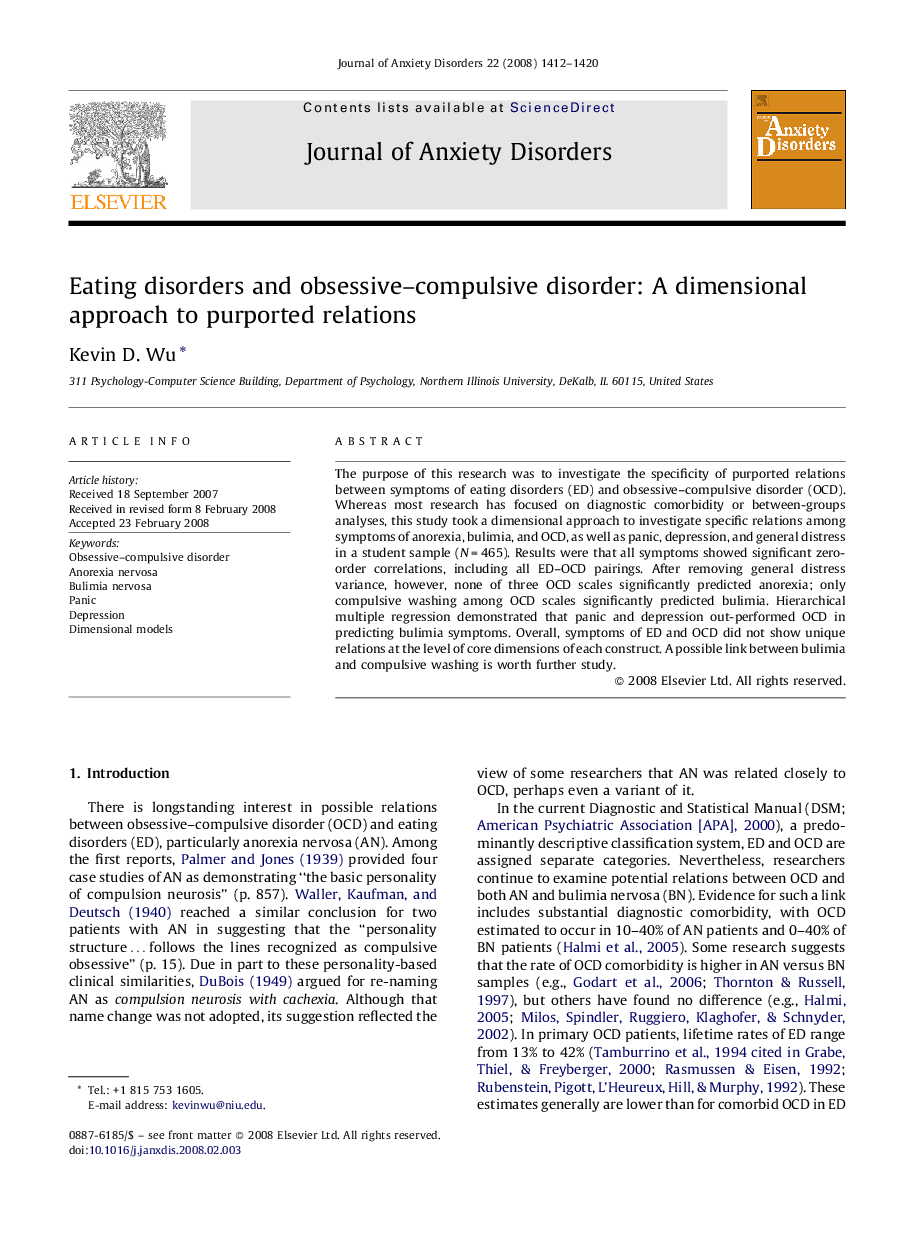 Eating disorders and obsessive–compulsive disorder: A dimensional approach to purported relations