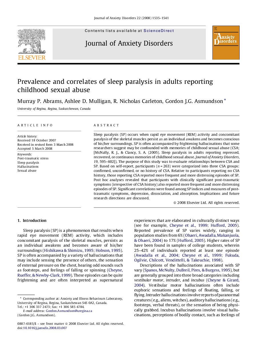 Prevalence and correlates of sleep paralysis in adults reporting childhood sexual abuse