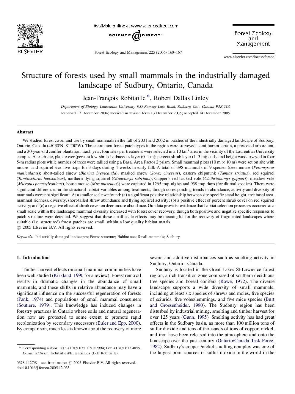 Structure of forests used by small mammals in the industrially damaged landscape of Sudbury, Ontario, Canada