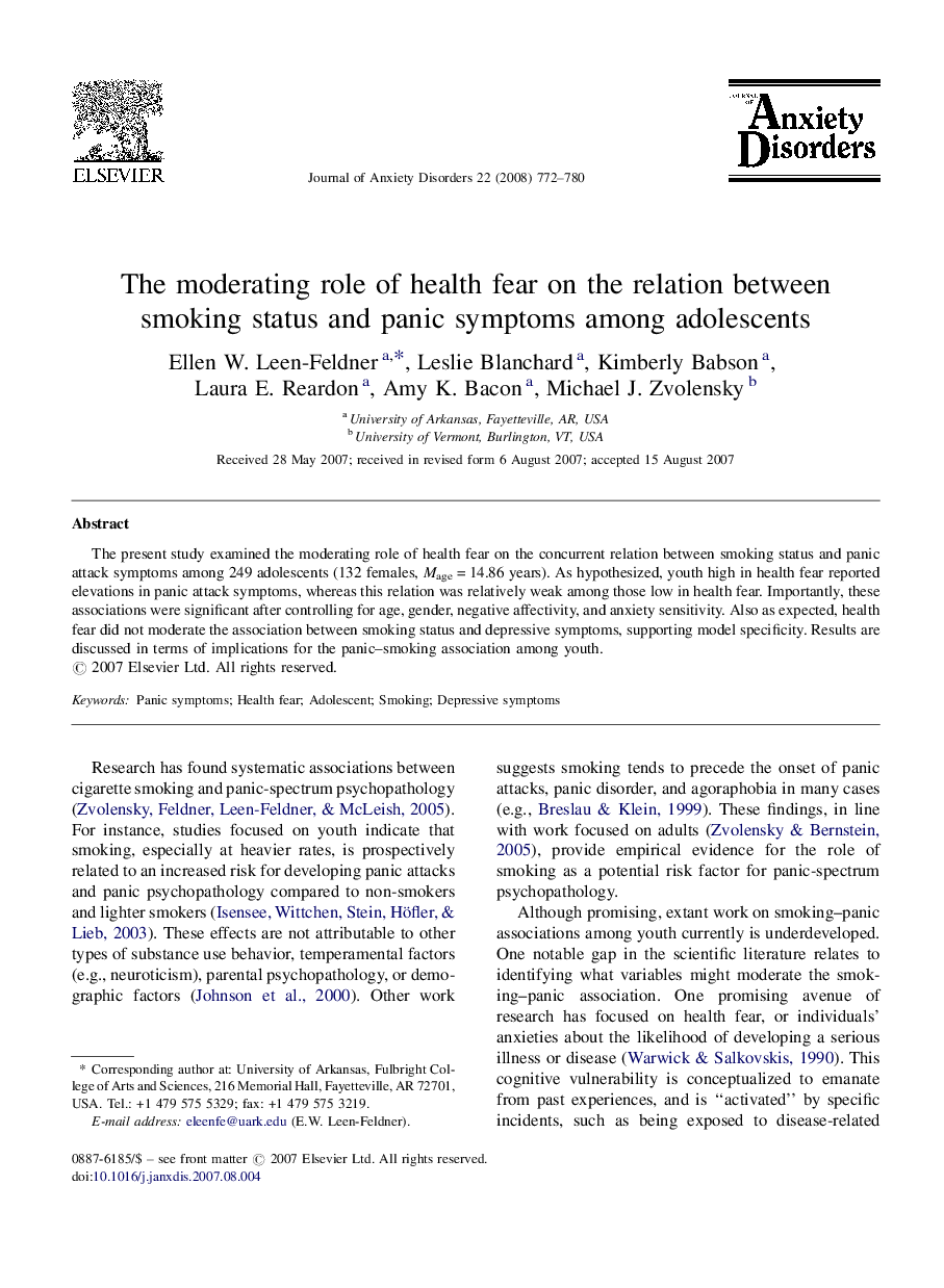 The moderating role of health fear on the relation between smoking status and panic symptoms among adolescents