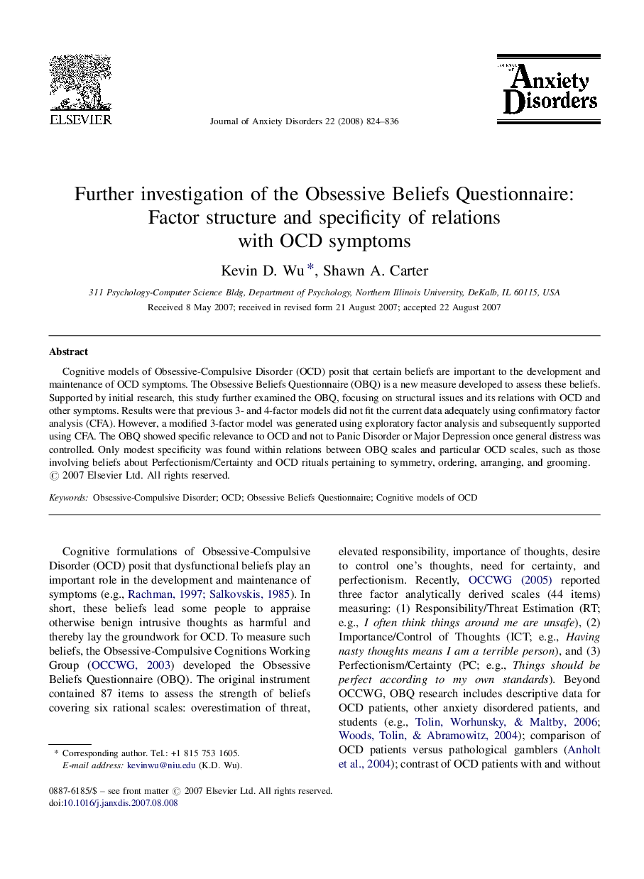 Further investigation of the Obsessive Beliefs Questionnaire: Factor structure and specificity of relations with OCD symptoms