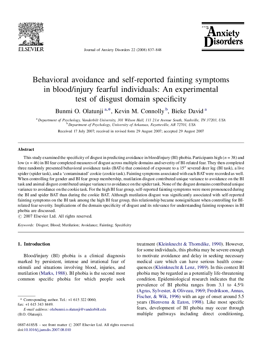 Behavioral avoidance and self-reported fainting symptoms in blood/injury fearful individuals: An experimental test of disgust domain specificity