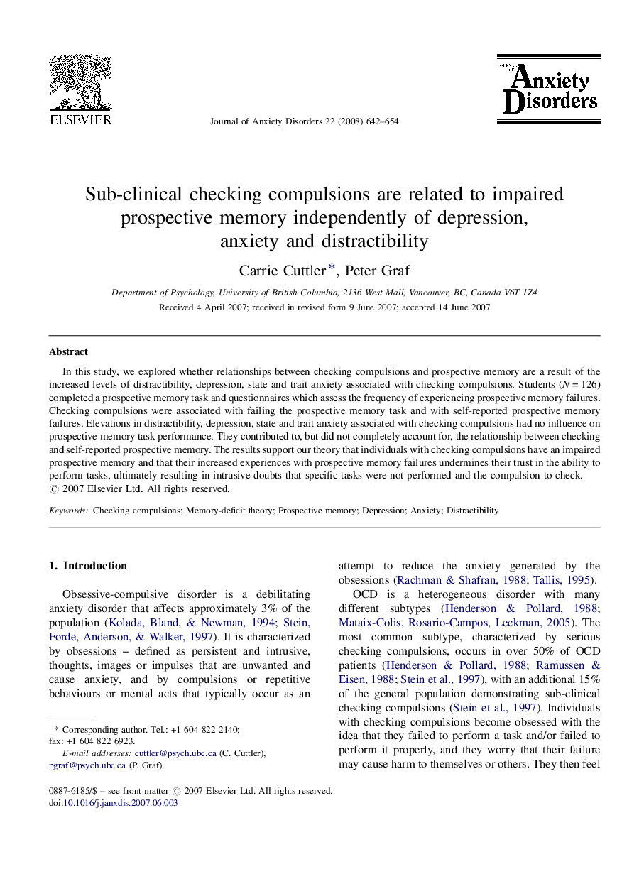 Sub-clinical checking compulsions are related to impaired prospective memory independently of depression, anxiety and distractibility