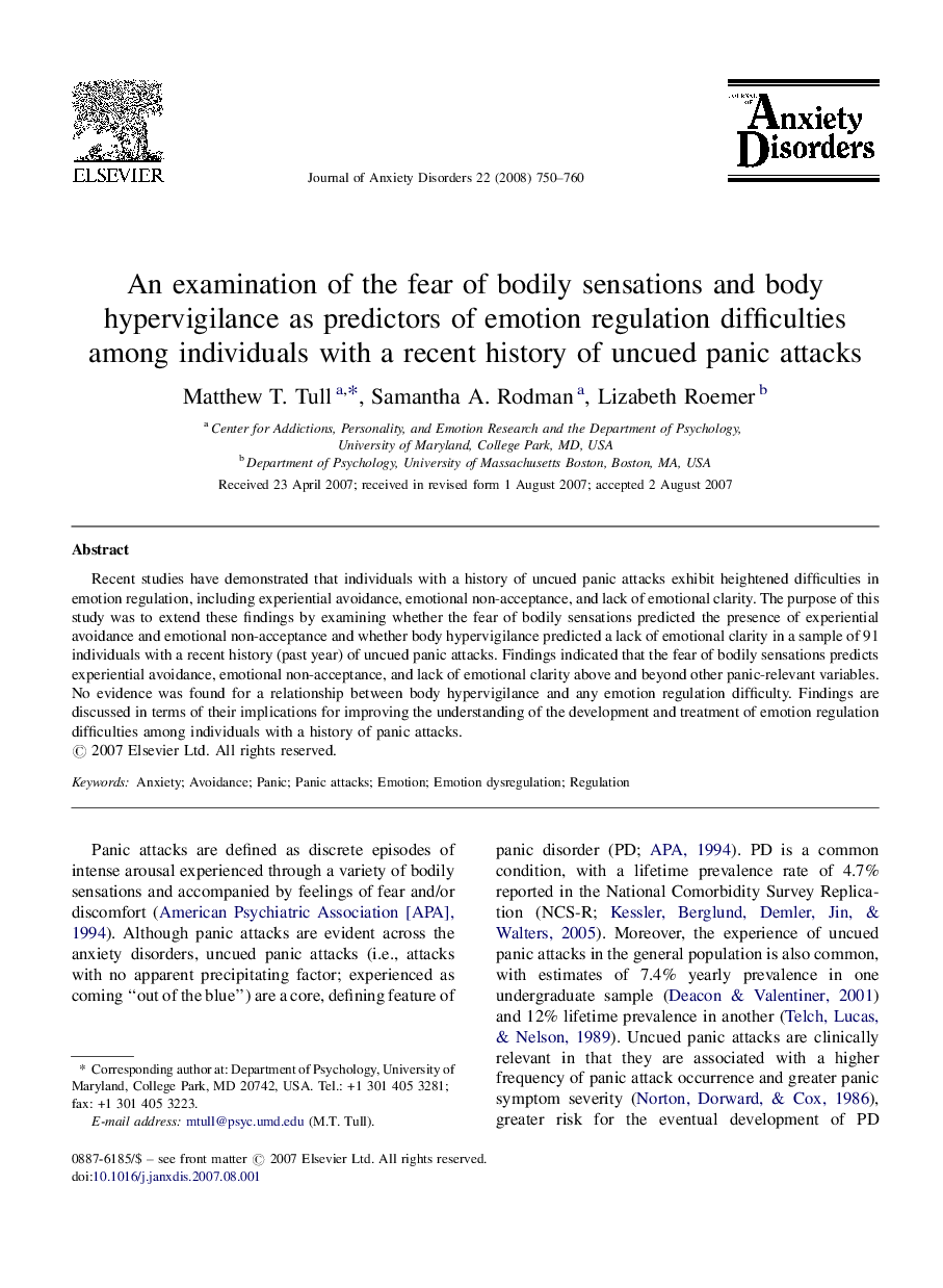 An examination of the fear of bodily sensations and body hypervigilance as predictors of emotion regulation difficulties among individuals with a recent history of uncued panic attacks