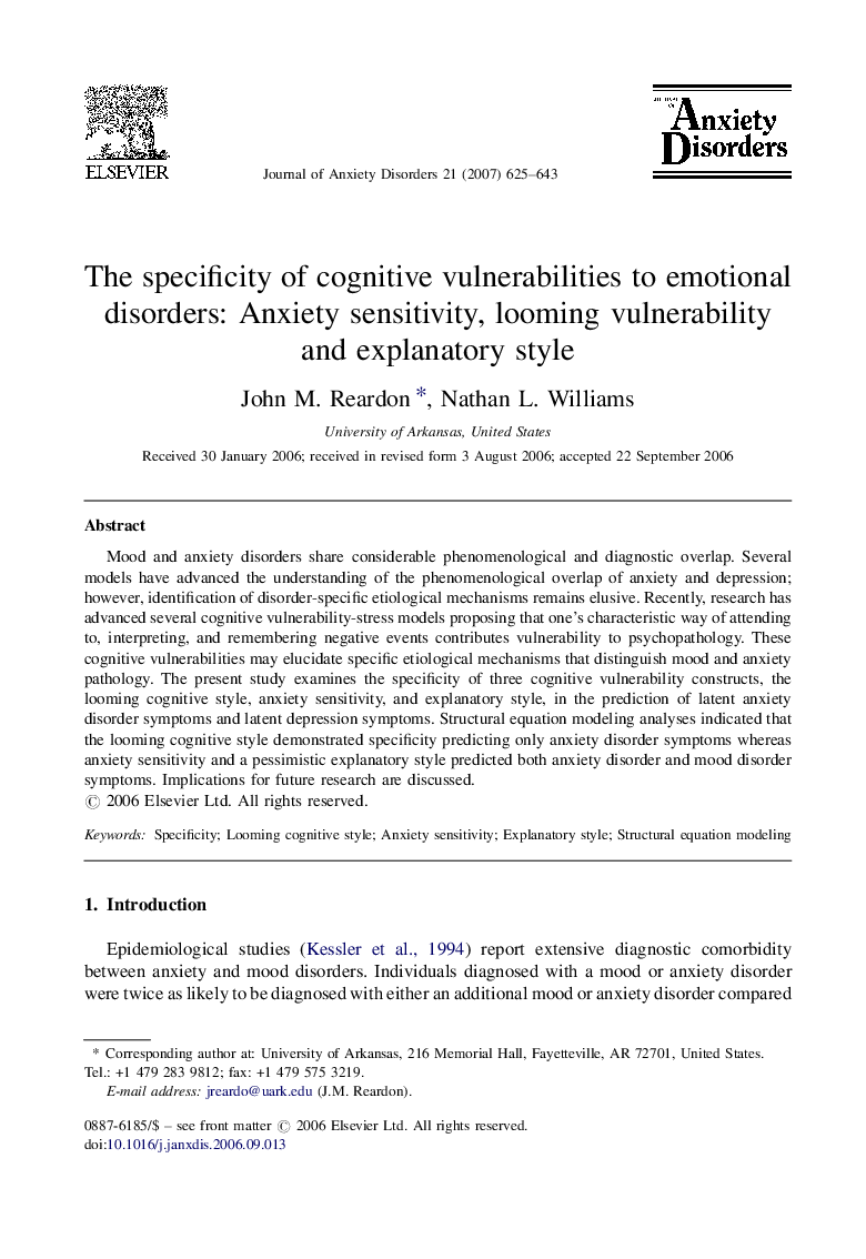 The specificity of cognitive vulnerabilities to emotional disorders: Anxiety sensitivity, looming vulnerability and explanatory style