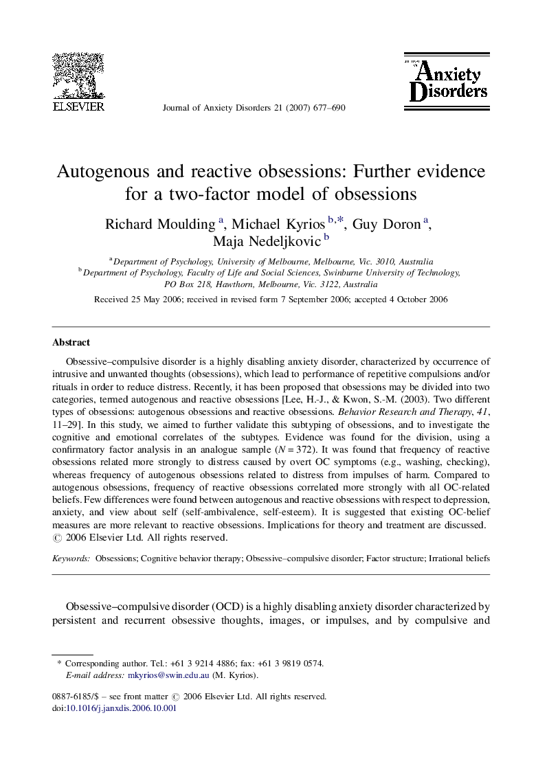 Autogenous and reactive obsessions: Further evidence for a two-factor model of obsessions