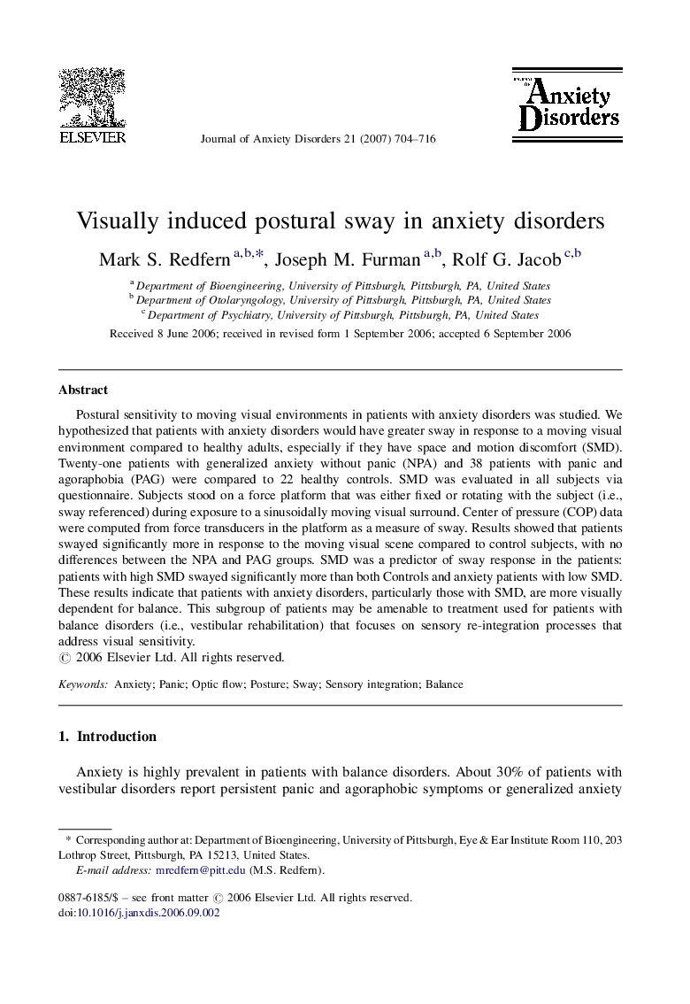 Visually induced postural sway in anxiety disorders