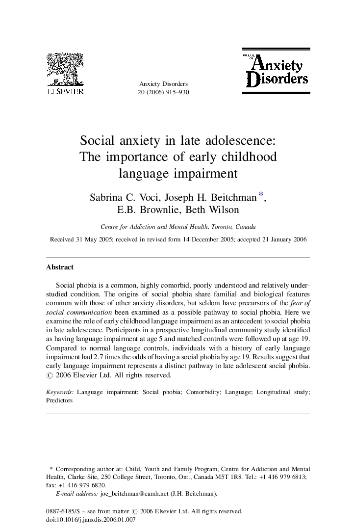 Social anxiety in late adolescence: The importance of early childhood language impairment