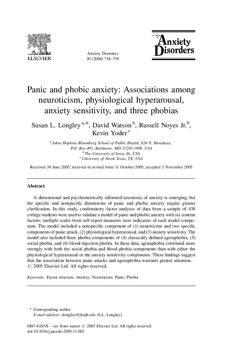 Panic and phobic anxiety: Associations among neuroticism, physiological hyperarousal, anxiety sensitivity, and three phobias