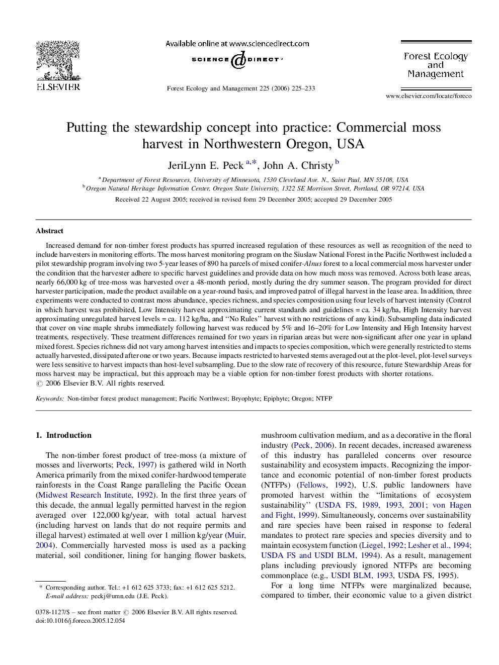 Putting the stewardship concept into practice: Commercial moss harvest in Northwestern Oregon, USA