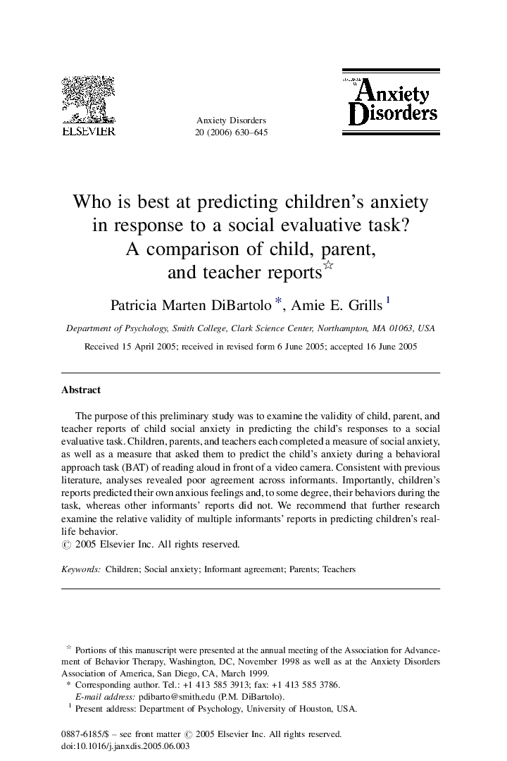 Who is best at predicting children's anxiety in response to a social evaluative task? : A comparison of child, parent, and teacher reports