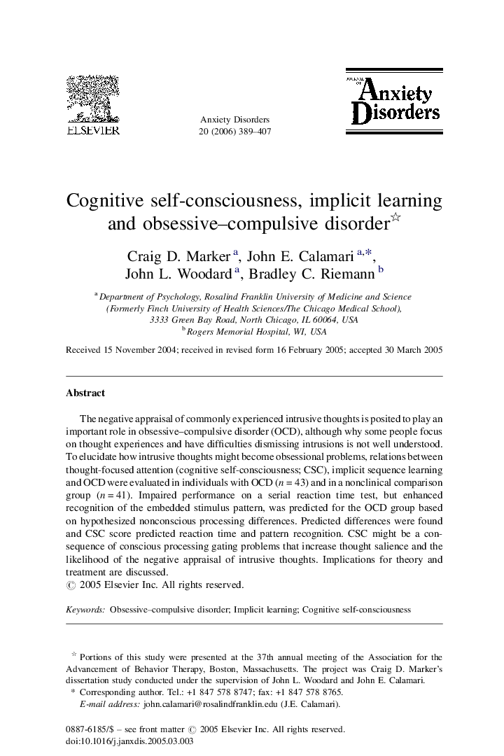 Cognitive self-consciousness, implicit learning and obsessive–compulsive disorder 