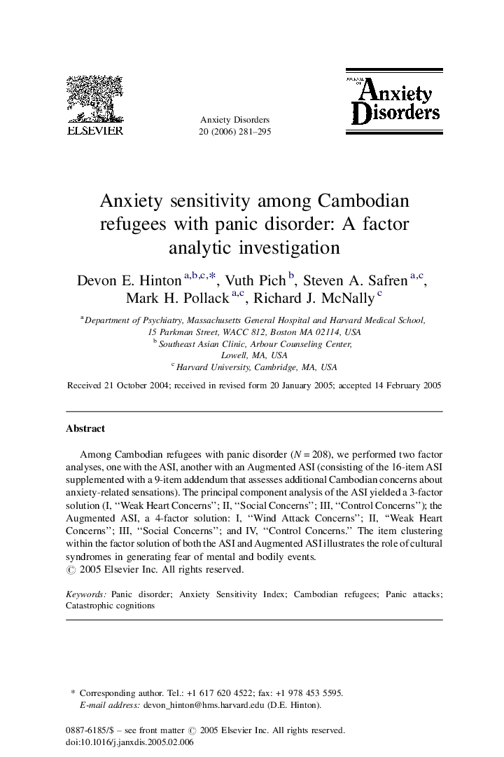 Anxiety sensitivity among Cambodian refugees with panic disorder: A factor analytic investigation