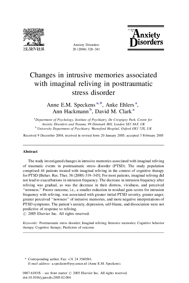 Changes in intrusive memories associated with imaginal reliving in posttraumatic stress disorder