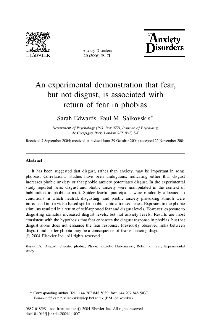 An experimental demonstration that fear, but not disgust, is associated with return of fear in phobias