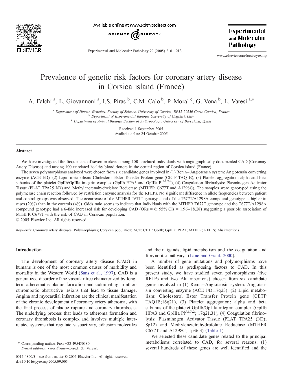 Prevalence of genetic risk factors for coronary artery disease in Corsica island (France)