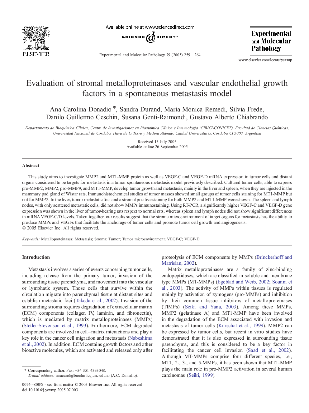 Evaluation of stromal metalloproteinases and vascular endothelial growth factors in a spontaneous metastasis model