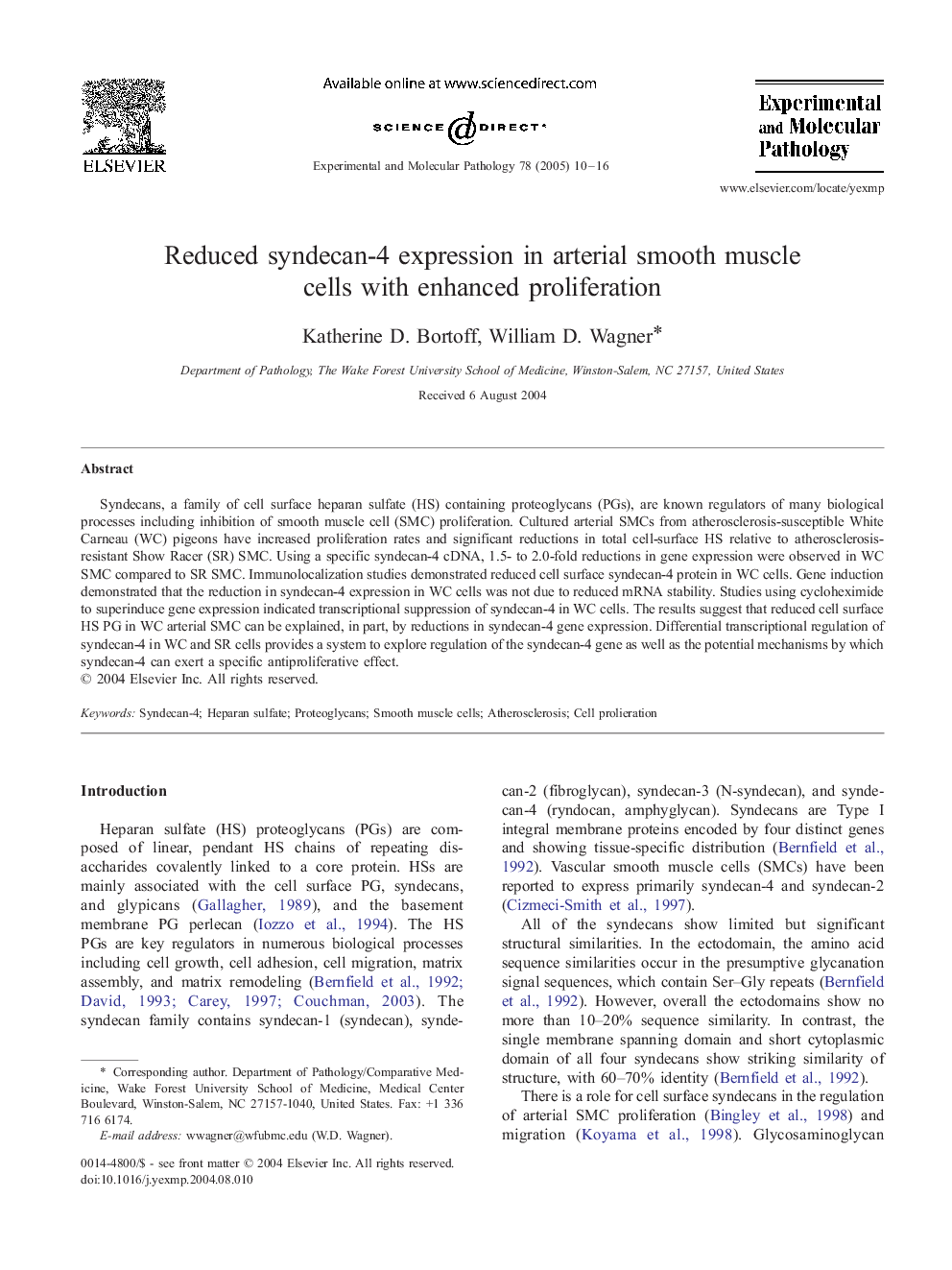 Reduced syndecan-4 expression in arterial smooth muscle cells with enhanced proliferation