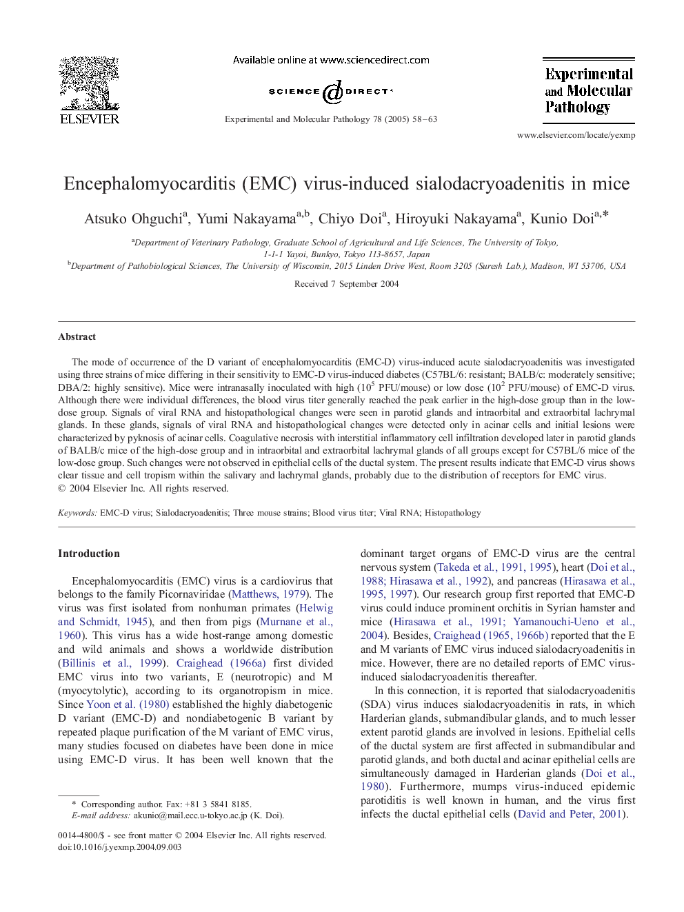 Encephalomyocarditis (EMC) virus-induced sialodacryoadenitis in mice