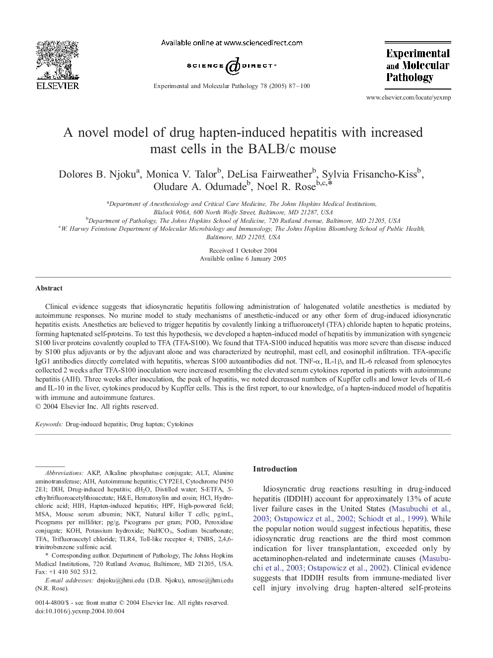 A novel model of drug hapten-induced hepatitis with increased mast cells in the BALB/c mouse