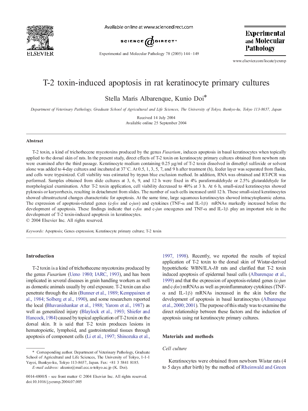 T-2 toxin-induced apoptosis in rat keratinocyte primary cultures