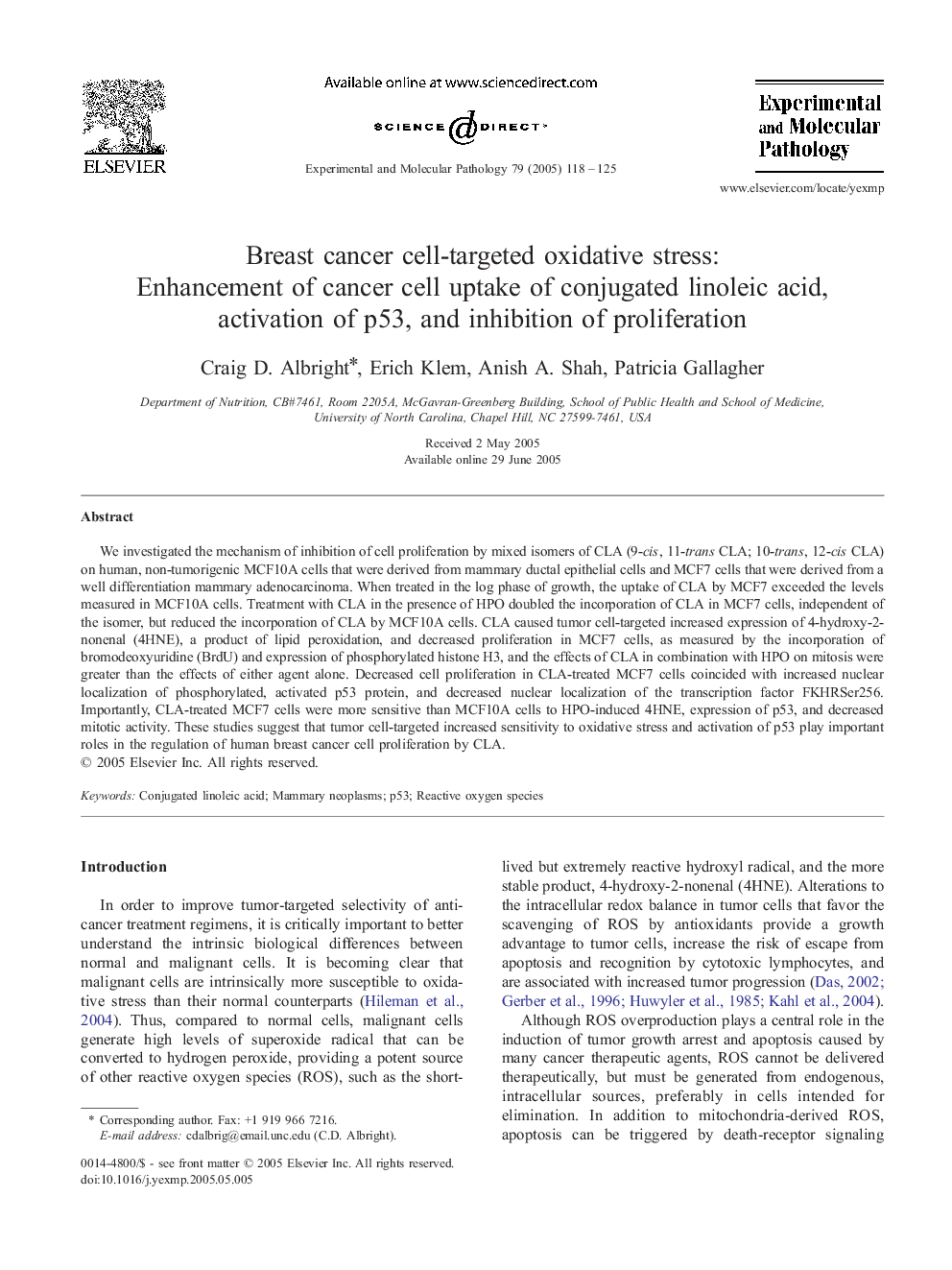 Breast cancer cell-targeted oxidative stress: Enhancement of cancer cell uptake of conjugated linoleic acid, activation of p53, and inhibition of proliferation