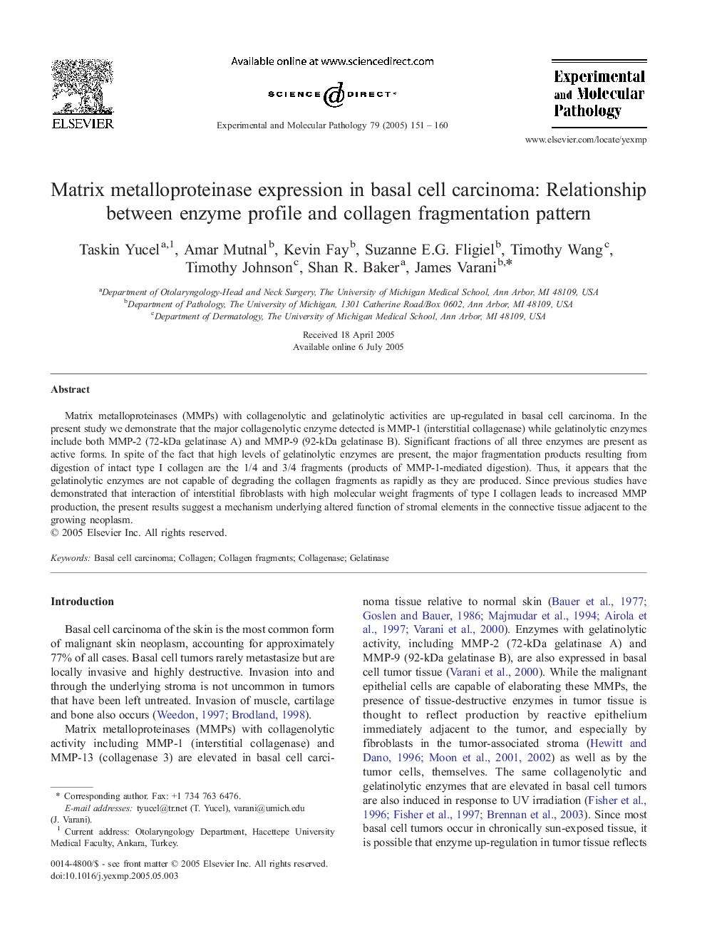 Matrix metalloproteinase expression in basal cell carcinoma: relationship between enzyme profile and collagen fragmentation pattern