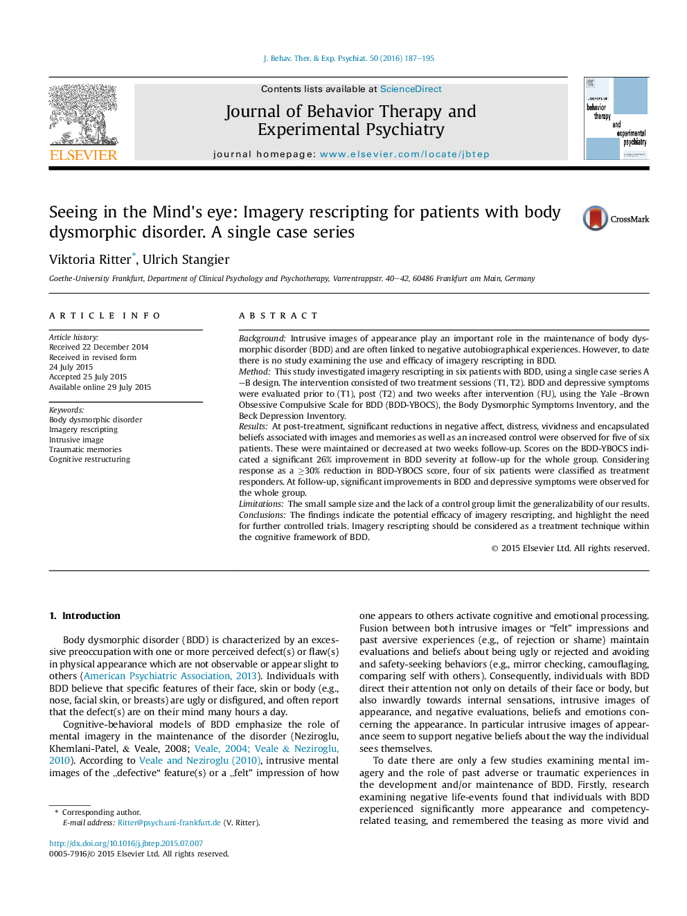 Seeing in the Mind's eye: Imagery rescripting for patients with body dysmorphic disorder. A single case series