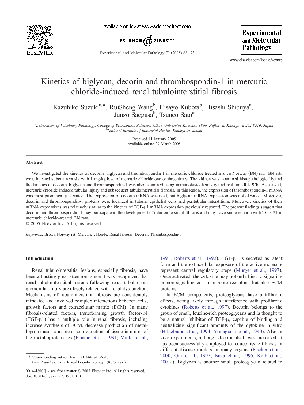 Kinetics of biglycan, decorin and thrombospondin-1 in mercuric chloride-induced renal tubulointerstitial fibrosis