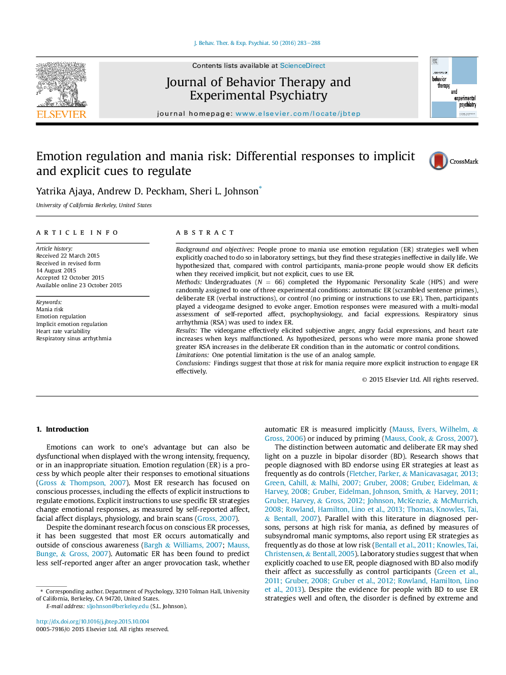 Emotion regulation and mania risk: Differential responses to implicit and explicit cues to regulate