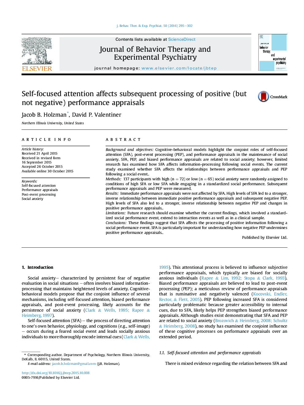 Self-focused attention affects subsequent processing of positive (but not negative) performance appraisals