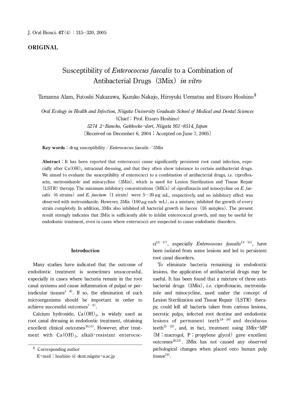 Susceptibility of Enterococcus faecalis to a Combination of Antibacterial Drugs (3Mix) in vitro