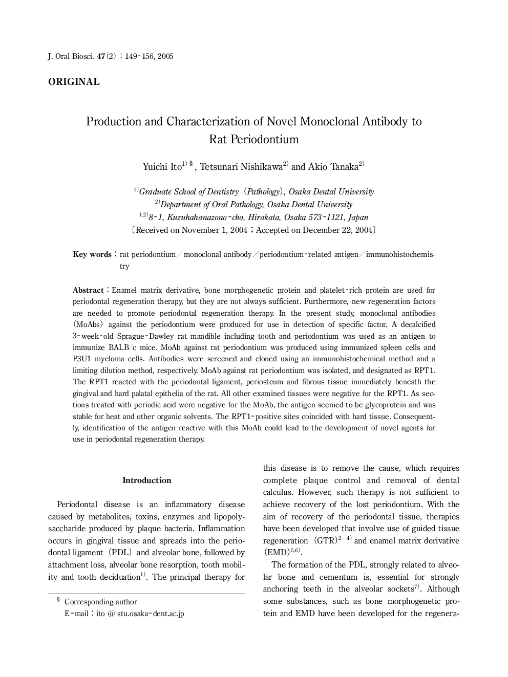 Production and Characterization of Novel Monoclonal Antibody to Rat Periodontium