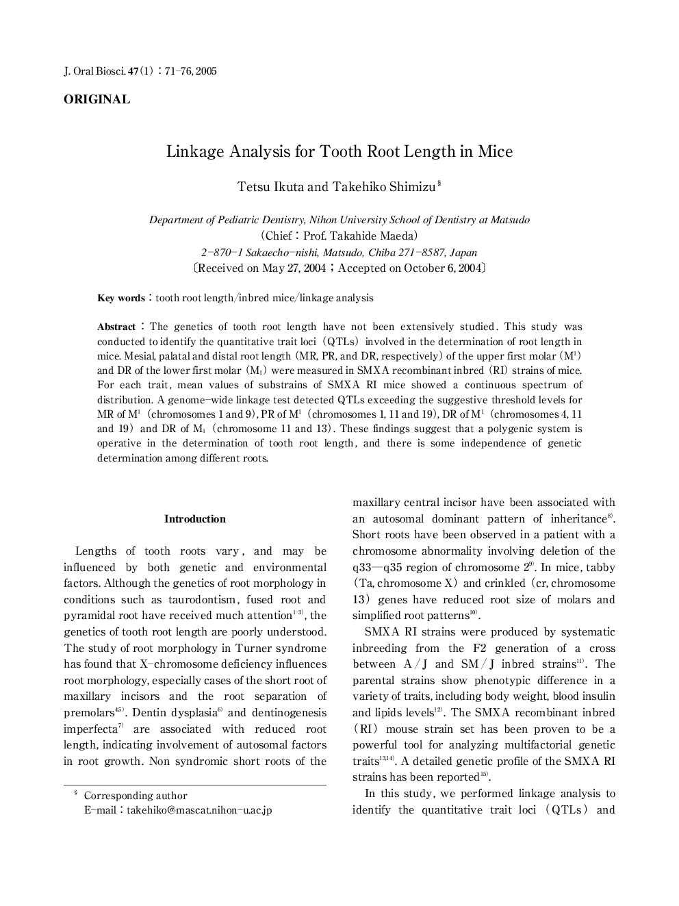 Linkage Analysis for Tooth Root Length in Mice