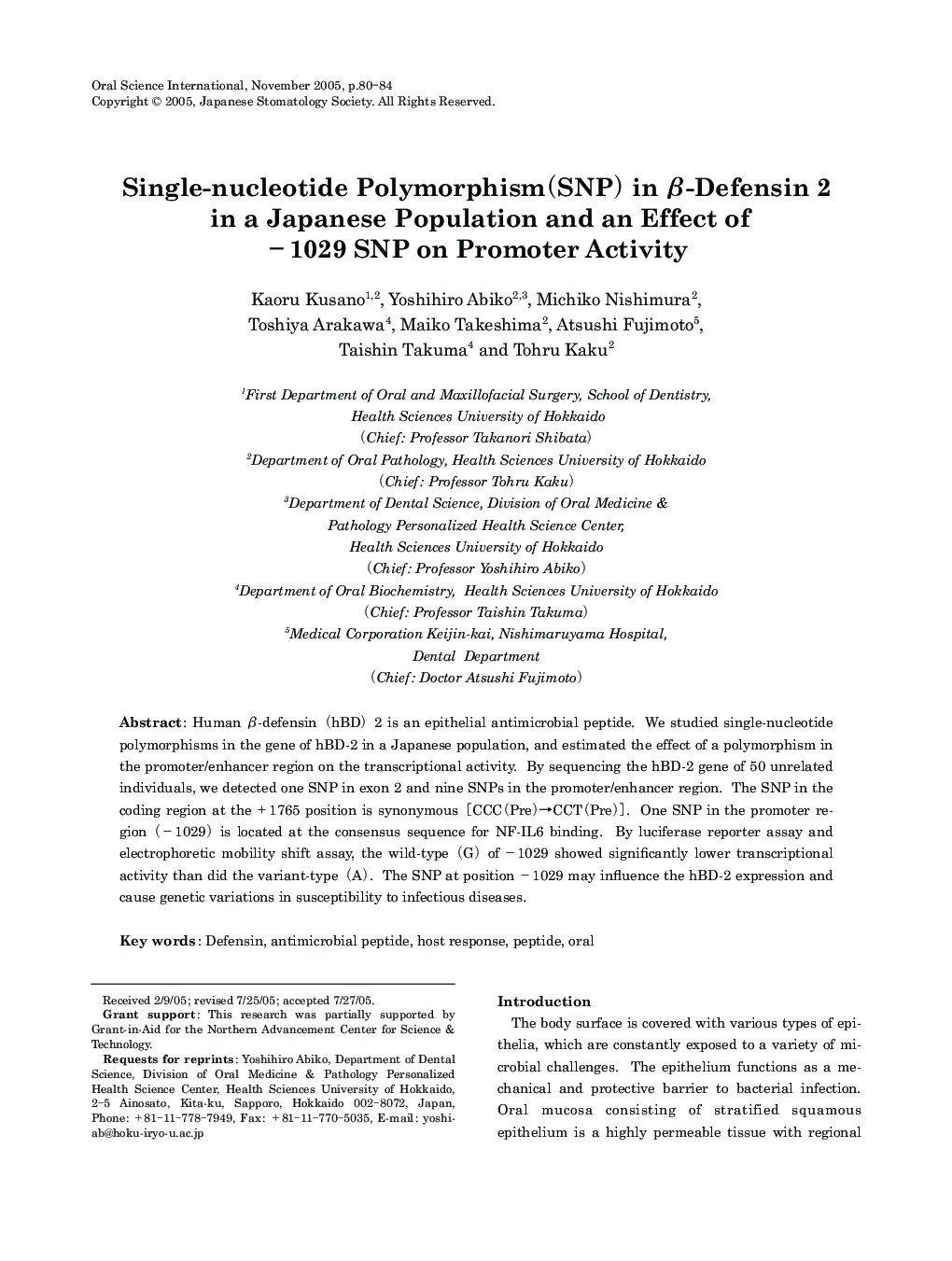 Single-nucleotide Polymorphism (SNP) in Î²-Defensin 2 in a Japanese Population and an Effect of - 1029 SNP on Promoter Activity