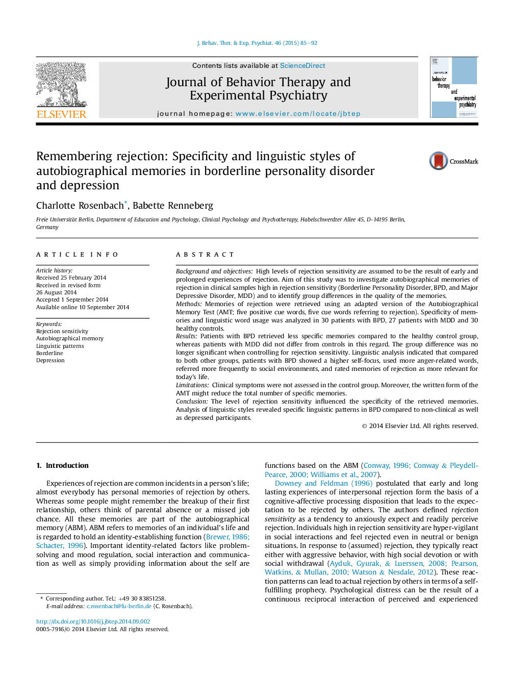 Remembering rejection: Specificity and linguistic styles of autobiographical memories in borderline personality disorder and depression