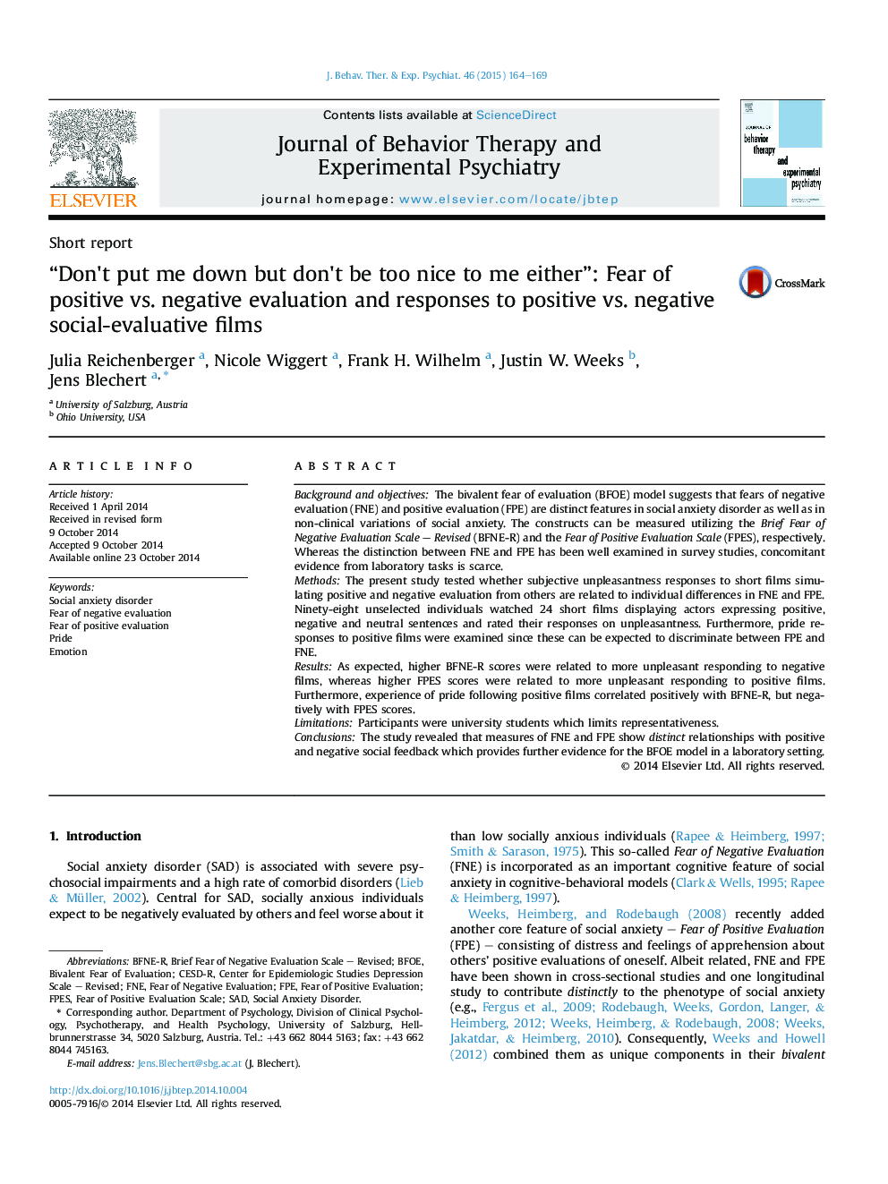 “Don't put me down but don't be too nice to me either”: Fear of positive vs. negative evaluation and responses to positive vs. negative social-evaluative films