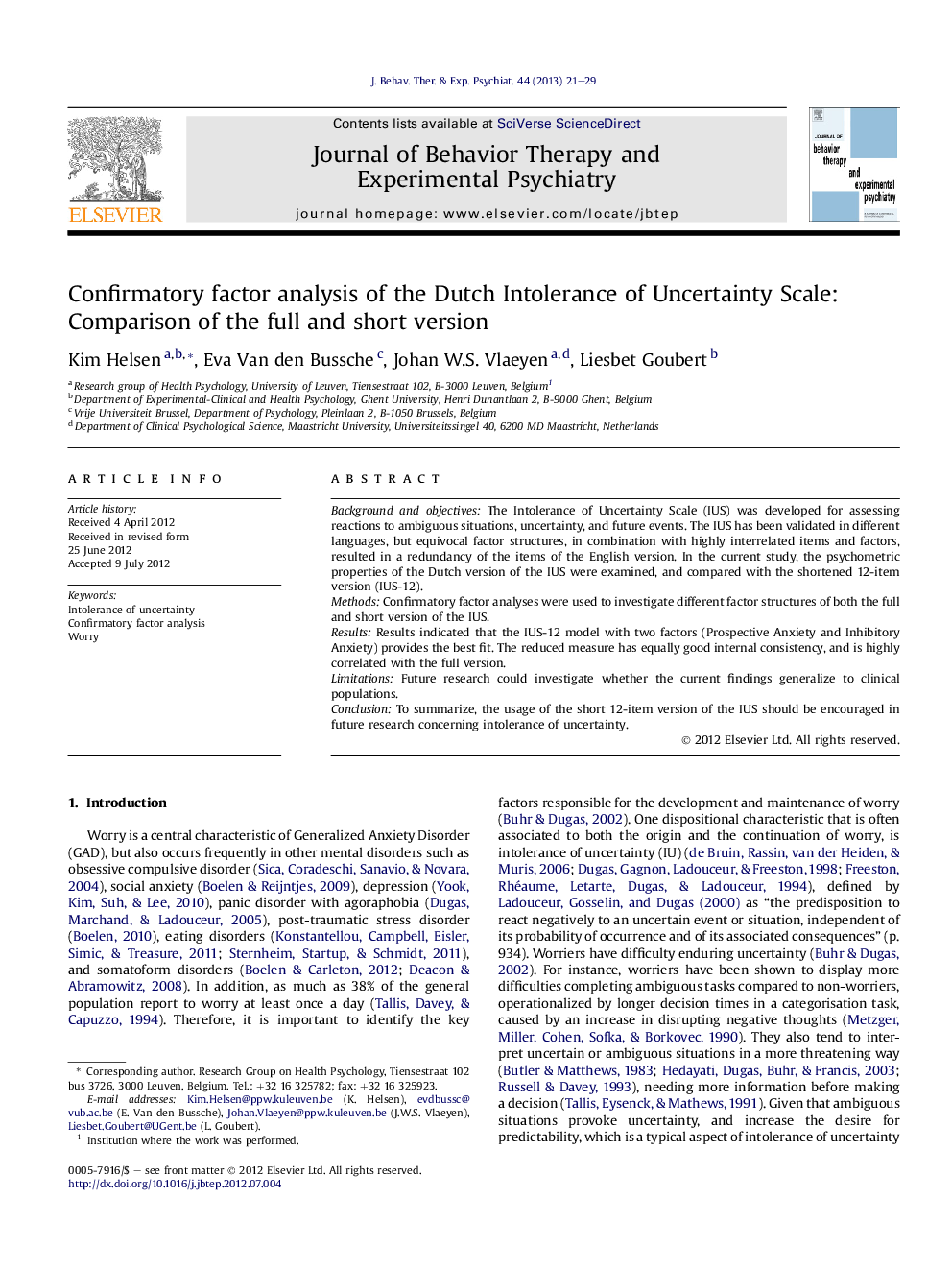 Confirmatory factor analysis of the Dutch Intolerance of Uncertainty Scale: Comparison of the full and short version