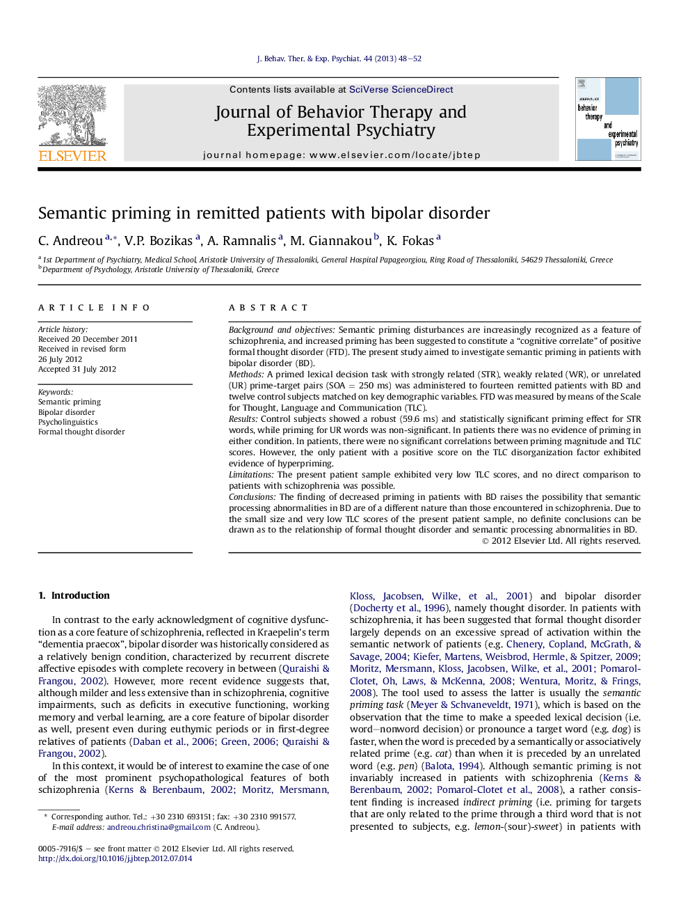 Semantic priming in remitted patients with bipolar disorder