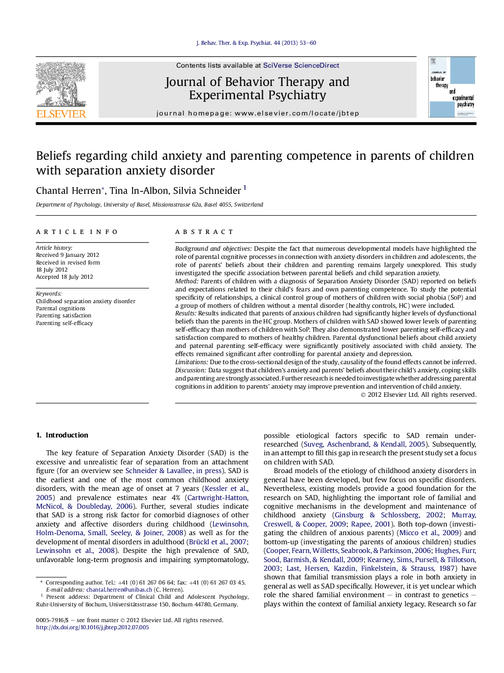 Beliefs regarding child anxiety and parenting competence in parents of children with separation anxiety disorder